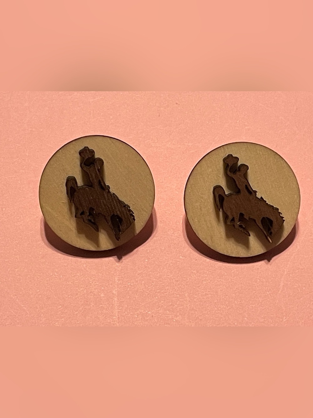 Carved Wood Pierced Horse Rider Equestrian Round Disc Earrings #0235 ❤️‍🔥